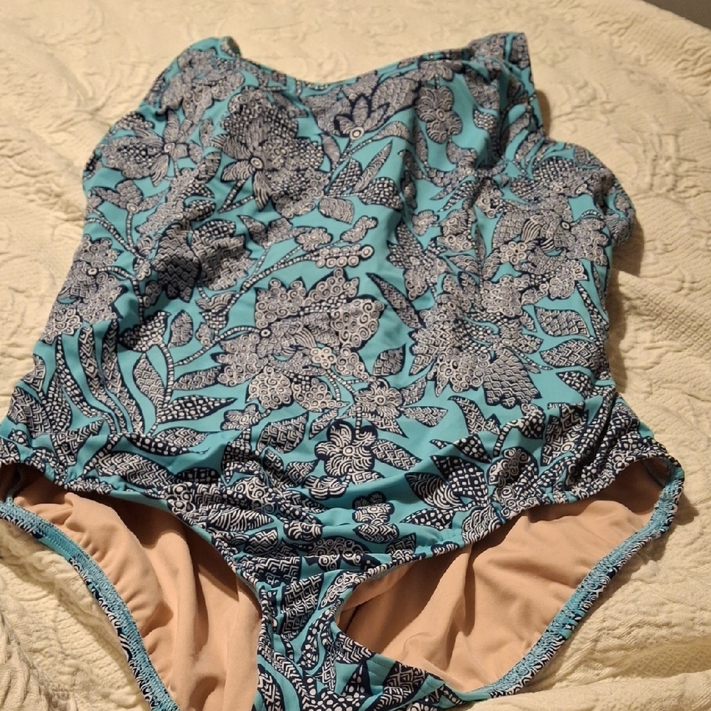 Lands' End Teal and White Floral One Piece Swimsuit (Swi030)